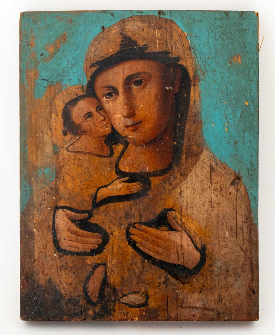 Russian Icon Madonna and Child Oil on Panel: Russian Icon, Madonna and Child, Oil on Panel, 20th century, unframed. 8.25" H x 6.25" W x 0.75" D. Provenance: From the Estate of American Fashion Journalist and Editor-in-Chief of Vogue (1971-1988)