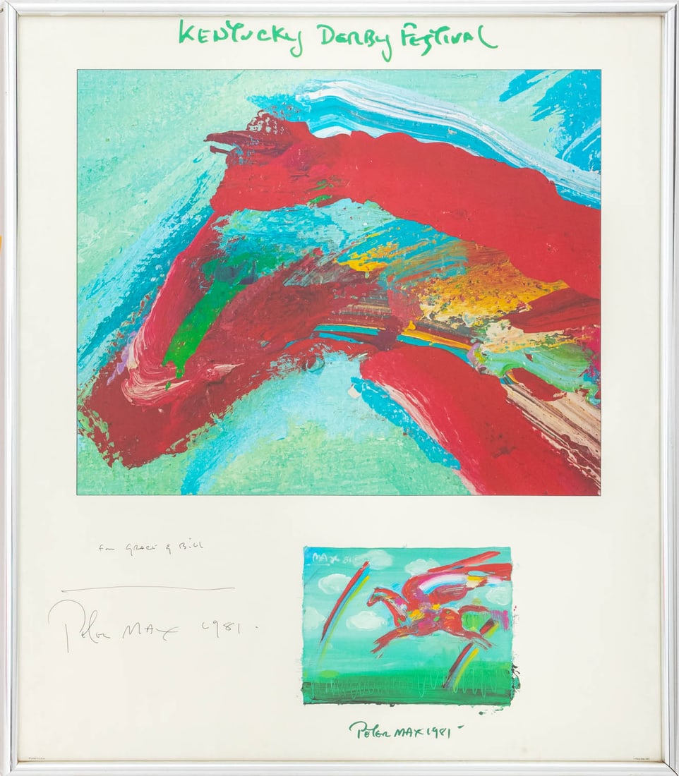 Peter Max "Bluegrass Pegasus" Lithograph Poster: Peter Max (American, b. 1937), "Bluegrass Pegasus", Lithographic Poster in Colors, for the Kentucky Derby Festival, 1981, signed, dated, and inscribed "For Grace and Bill" lower left, silvered wood fr