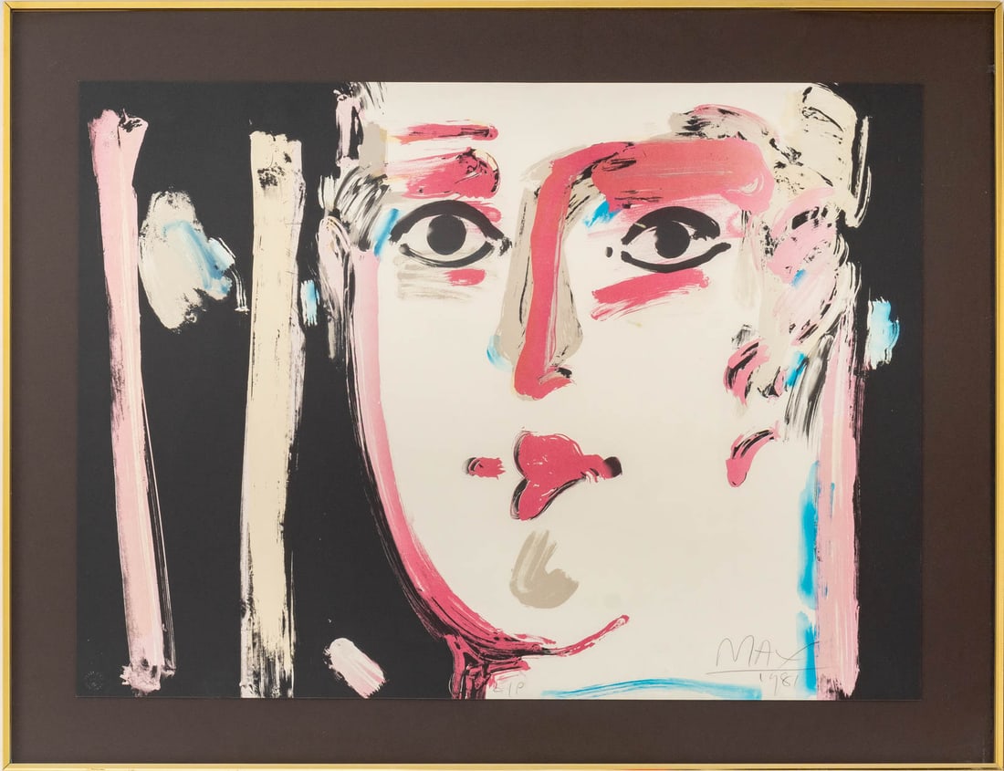 Peter Max "Visage III" Lithograph, 1981: Peter Max (American, b. 1937), "Visage III", Lithograph, 1981, signed in pencil and dated lower right, blind stamped "Peter Max / 1981 / New York" lower left, gold-tone metal frame. Image: 21" H x 29"