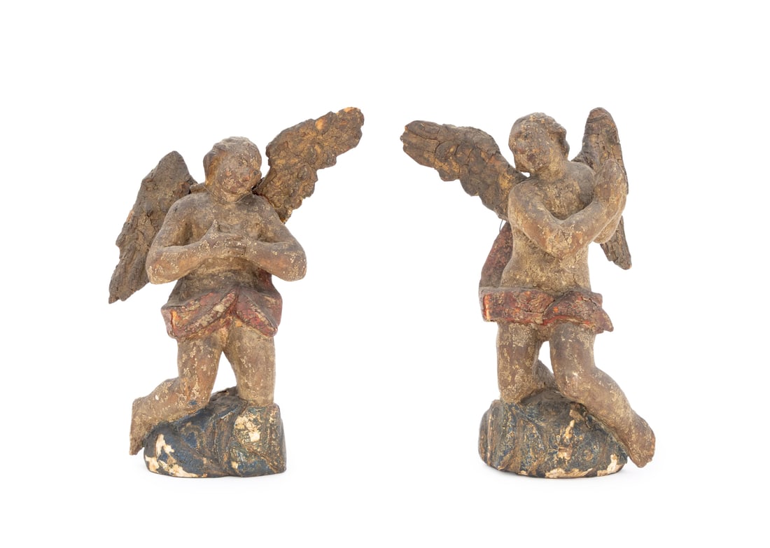 Carved Giltwood Angel Architectural Elements, Pair: Pair of Polychrome and Carved Giltwood Angel Architectural Elements. 8.5" H x 6.25" W x 3.5" D. Provenance: From the Estate of American Fashion Journalist and Editor-in-Chief of Vogue (1971-1988) Grac