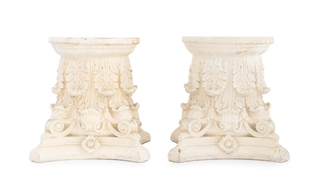 Corinthian Column Plaster Plant Stands, Pair: Pair of Corinthian Column Plaster Plant Stands. 13.5" H x 13" W x 13" D. Provenance: From the Estate of American Fashion Journalist and Editor-in-Chief of Vogue (1971-1988) Grace Mirabella Cahan. Keyw