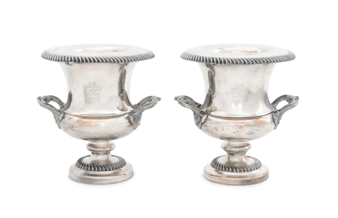 Sheffield Plate Armorial Campagna Form Urns, Pair (1 of 11)