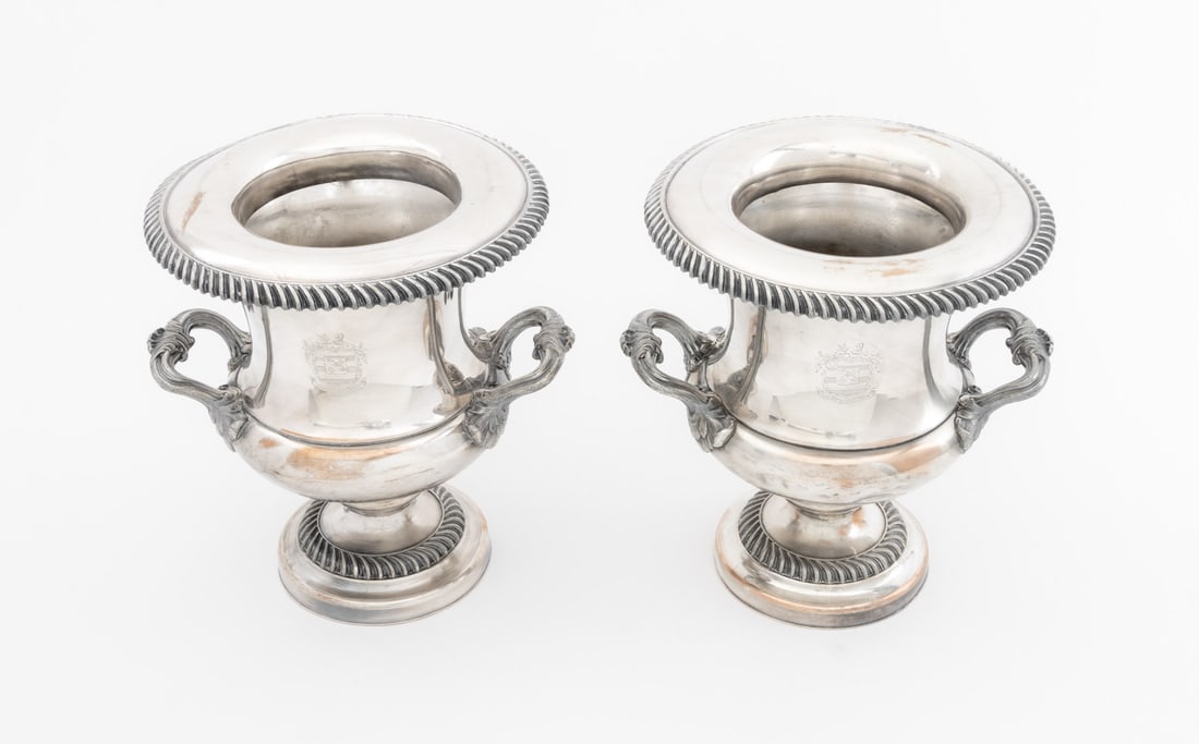Sheffield Plate Armorial Campagna Form Urns, Pair - 2