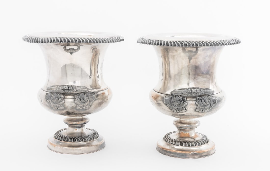 Sheffield Plate Armorial Campagna Form Urns, Pair - 8