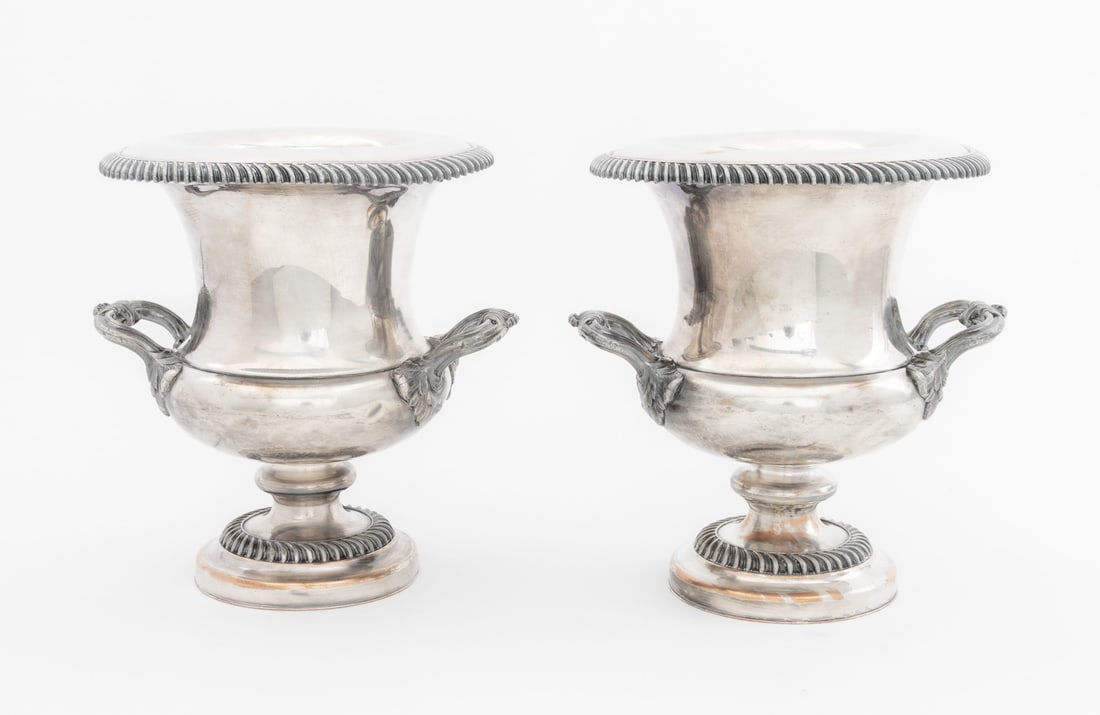Sheffield Plate Armorial Campagna Form Urns, Pair - 9