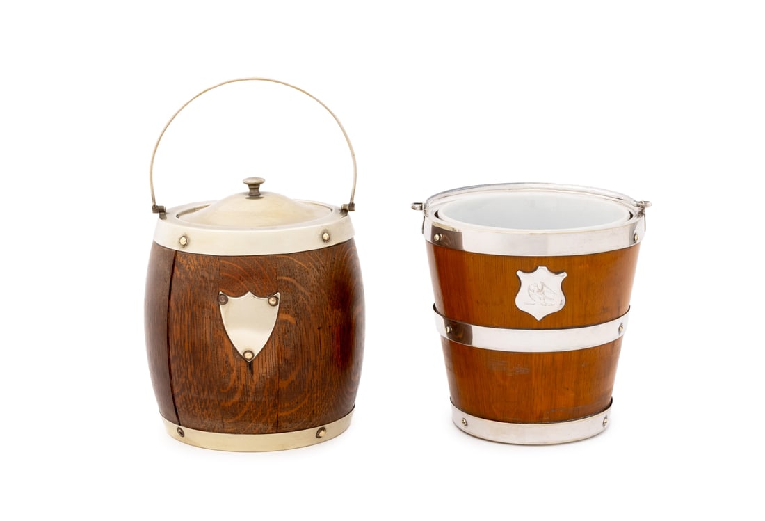 Victorian Silver Plate and Oak Tableware, 2 Pcs.: Two Victorian Silver Plate and Oak Wood Tableware Pieces, comprising: biscuit barrel with silver-plate banding, lid, swing handle, and shield crest to the front, porcelain liner to the interior,