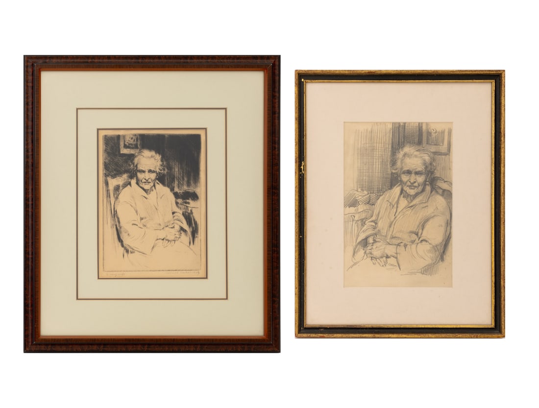 Samuel Cahan Portrait Pencil and Etching, 2: Samuel Cahan (American, born Russican, 1886-1974), Group of Two Portraits of a Woman Seated with Hands Crossed, Pencil on Paper, apparently unsigned, ebonized and giltwood frame, and Etching, 1928,