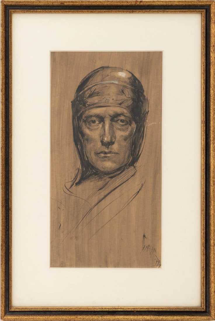 Samuel Cahan Portrait of a Warrior Ink, 1914: Samuel Cahan (American, born Russian, 1886-1974), Portrait of a Warrior, Ink on Paper with White Highlights, 1914, signed and dated lower right, ebonized and giltwood frame. Image: 10.25" H x 5.25"