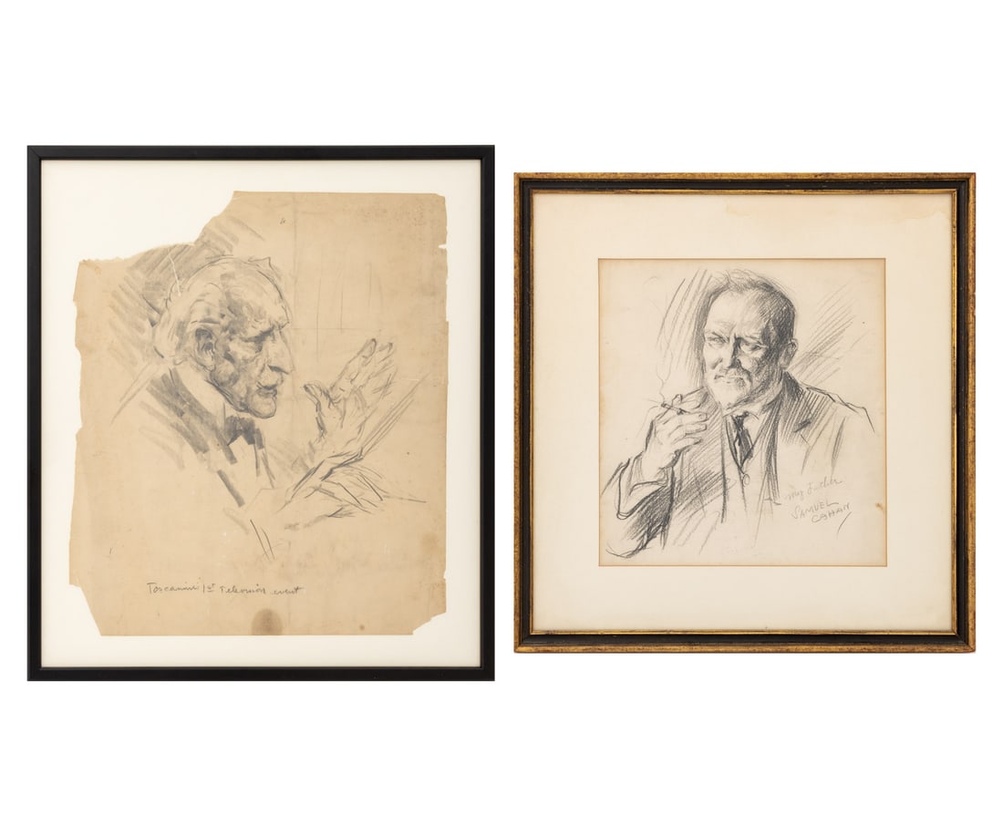 Samuel Cahan Portraits Pencil on Paper, 2: Samuel Cahan (American, born Russian, 1886-1974), Group of Two Portraits, Pencil on Paper, comprising: "Toscanini 1st Televsion Event", titled lower center, apparently unsigned, black frame, and "My