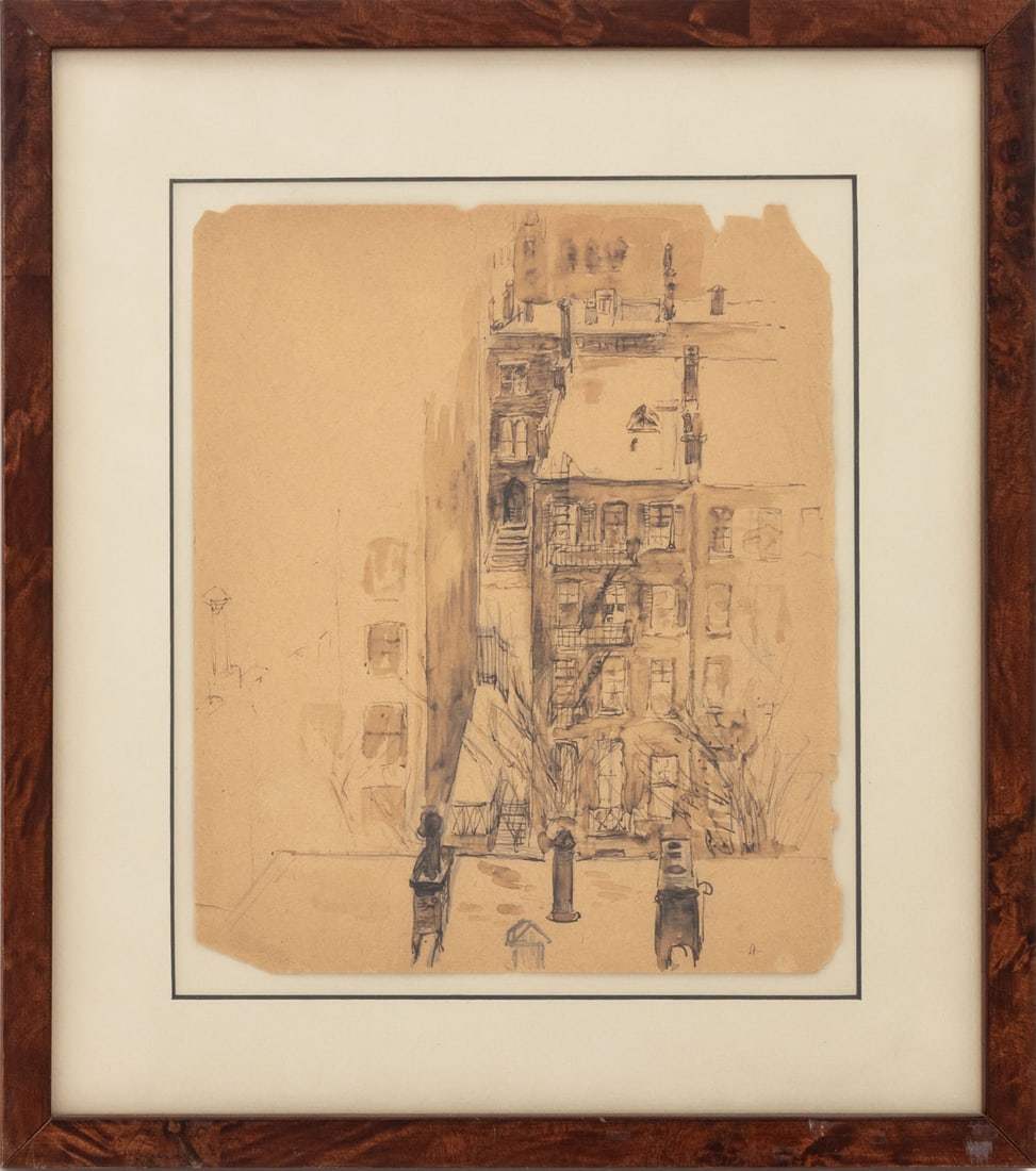 Samuel Cahan City Apartments Pencil & Ink Wash: Samuel Cahan (American, born Russian, 1886-1974), City Block Apartments, Pencil and Ink Wash on Paper, apparently unsigned, wood frame. Image: 8.5" H x 7" W; frame: 13" H x 11.25" W x 0.5" D.