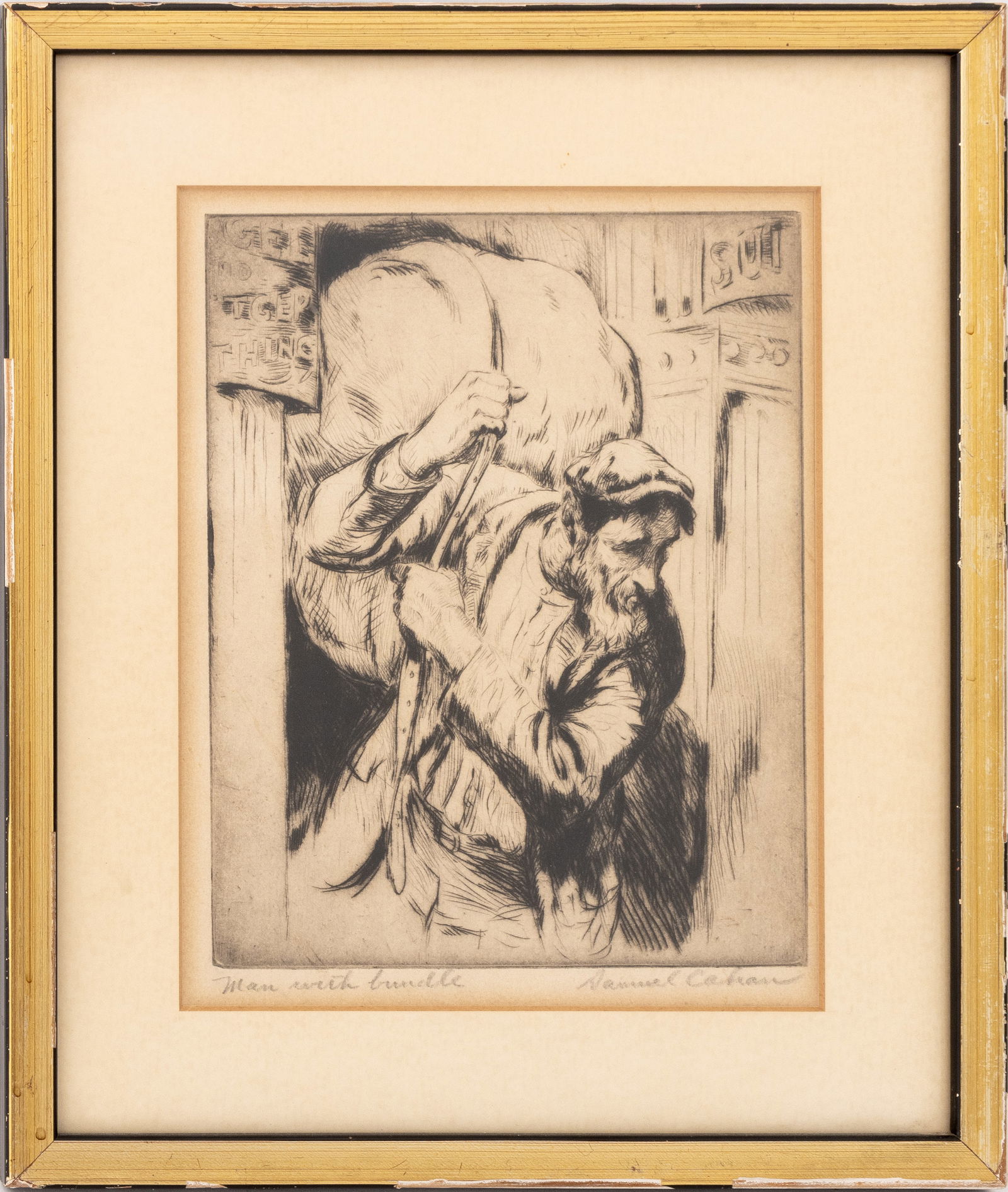 Samuel Cahan "Man with Bundle" Etching: Samuel Cahan (American, born Russian, 1886-1974), "Man with Bundle", Etching, signed in pencil lower right, titled lower left, ebonized and giltwood frame. Image: 7.5" H x 6" W; frame: 11.75" H x 10"