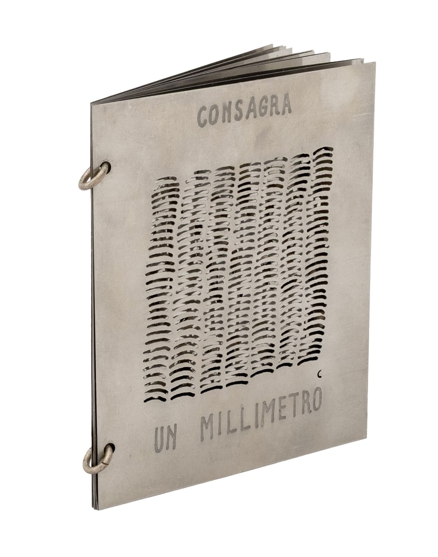 Pietro Consagra Un Millimetro Aluminum Artist Book: Pietro Consagra (Italian, 1920-2005), "Un Millimetro", Peforated Aluminum Artist Book, 1971, signed, dated, numbered edition "73 / 250", and marked "Fratelli Fabbri Editori - Milano" to the reverse,