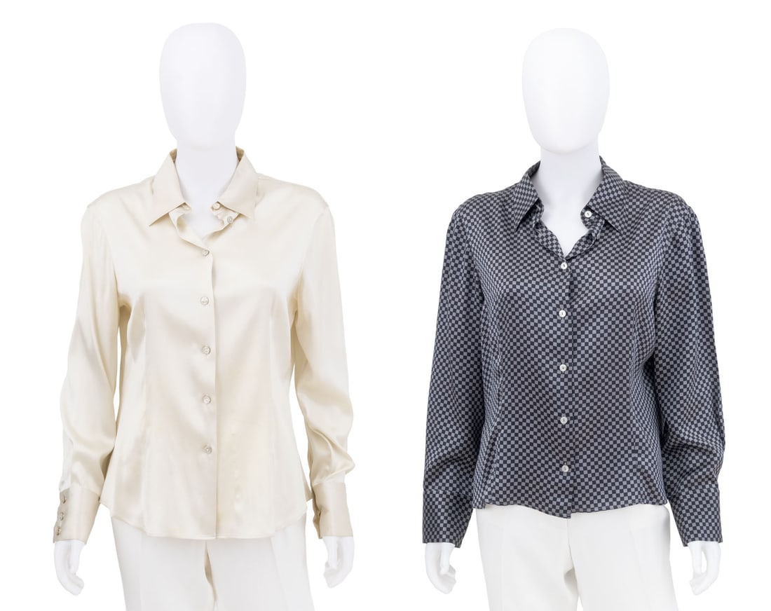 Giorgio Armani Silk Button Down Shirts, 2: Two Giorgio Armani Silk Button Down Shirts, comprising: navy checkered pattern and off-white with banded cuffs, each with "Giorgio Armani / Made in Italy" label. Checkered shirt overall length: 29"; S