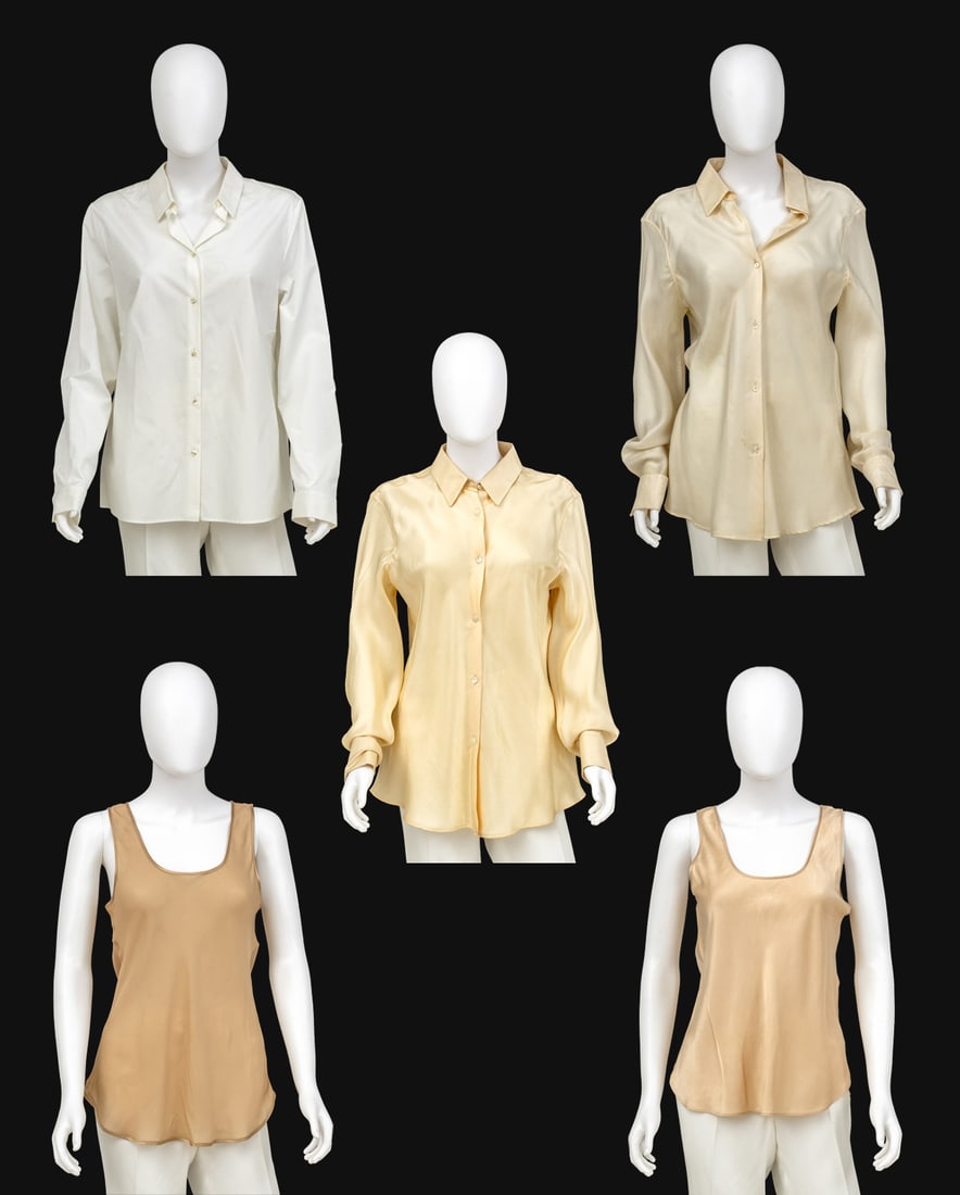 Jil Sander, Etc. Silk & Cotton Blouses, 5: Group of Five Designer Silk and Cotton Blouses, comprising: (2) two Jil Sander cream long sleeve button downs and (1) one white cotton button down, each with "Jill Sander" label (2) two Patricia Field