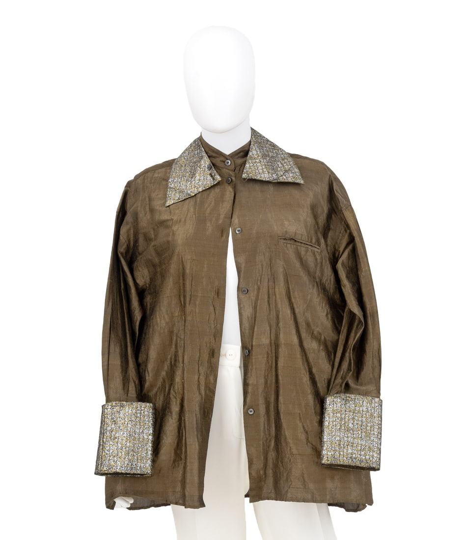 Romeo Gigli Silk Blend Iridescent Blouse: Romeo Gigli Silk Blend Iridescent Brown Long Sleeve Blouse, 1990s, with removable glitter collar and banded cuffs, "Romeo Gigli" label. Overall length: 30"; Shoulders: 22"; Bust: 46"; Sleeve length: