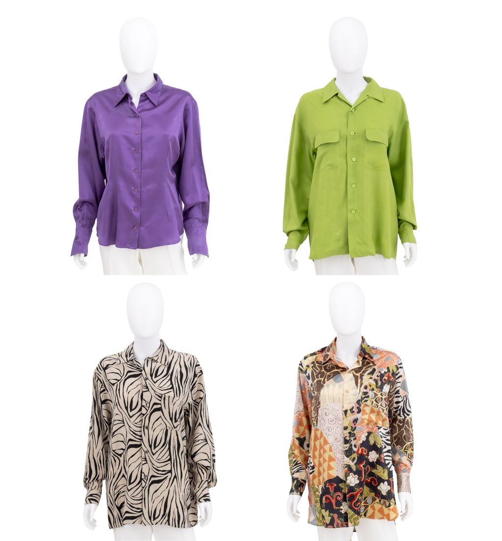 Equipment, Etc. Silk Button Down Blouses, 4: Group of Four Designer Silk Button Down Blouses, comprising: (2) two Equipment, one lime green and one beige and black abstract stripes, each with "Equipment" labels, Code Zerio patchwork multicolored