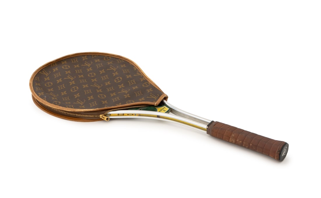 Louis Vuitton Monogram Tennis Racket Case: Louis Vuitton Monogram Tennis Racket Case, with Dunlop Volley II tennis racket having brown leather wrapped handle, marked "Fairway / By Balmforth of England". Overall: 27.75" H x 9.25: W x 1" D. Prov