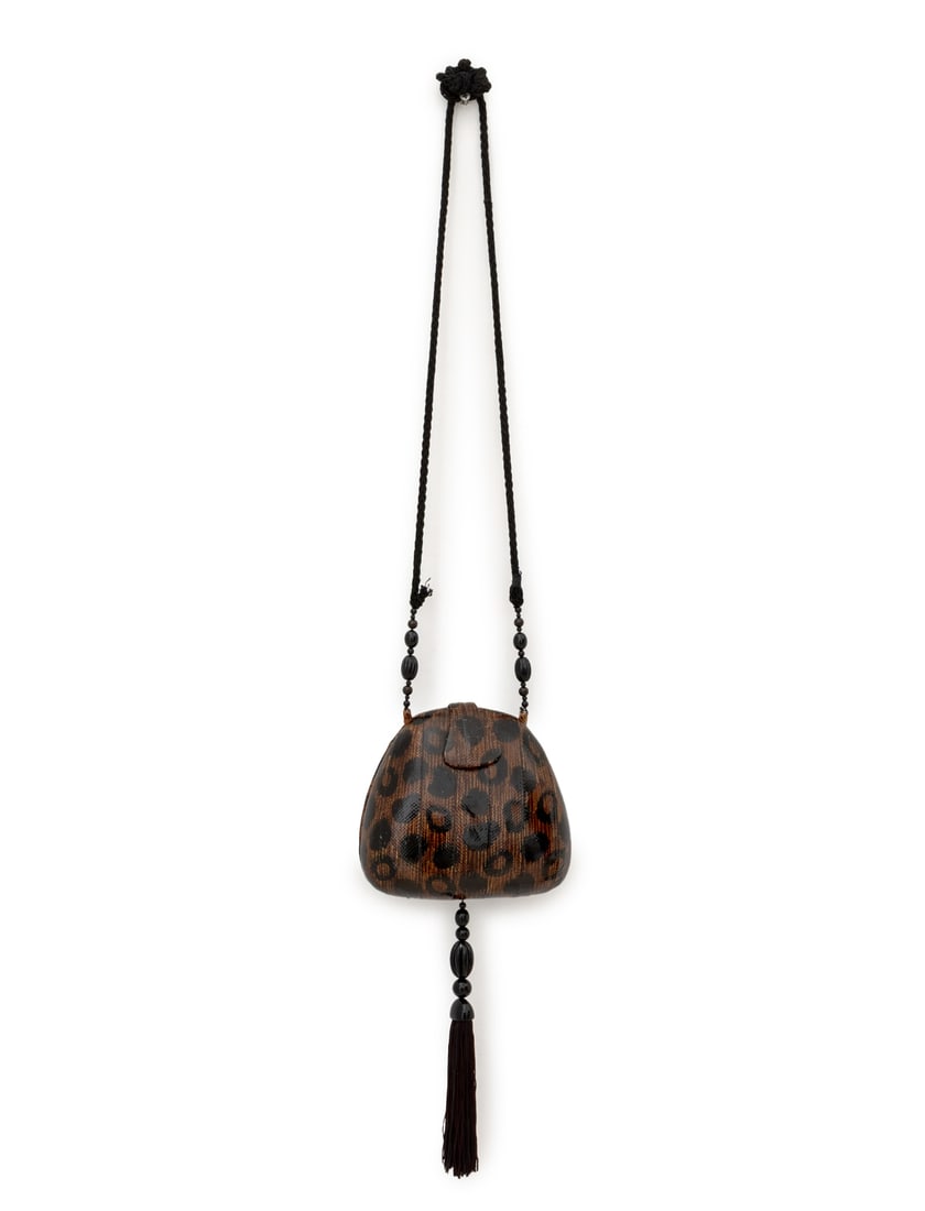 Raphael Sanchez Leather Handbag: Raphael Sanchez Leather Handbag, with cheetah pattern, with black beaded tassel and beaded cord shoulder strap, opening to brown satin lined interior, "Raphael Sanchez" label. 6.25" H x 6.5" W x 2.75"
