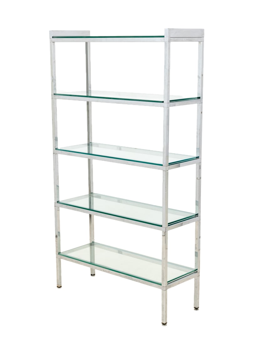 Modern Chrome and Clear Glass Etagere: Modern Chrome and Clear Glass Etagere, with five glass shelves. 69.5" H x 38" W x 14" D. Provenance: From the Estate of American Fashion Journalist and Editor-in-Chief of Vogue (1971-1988) Grace Mirab