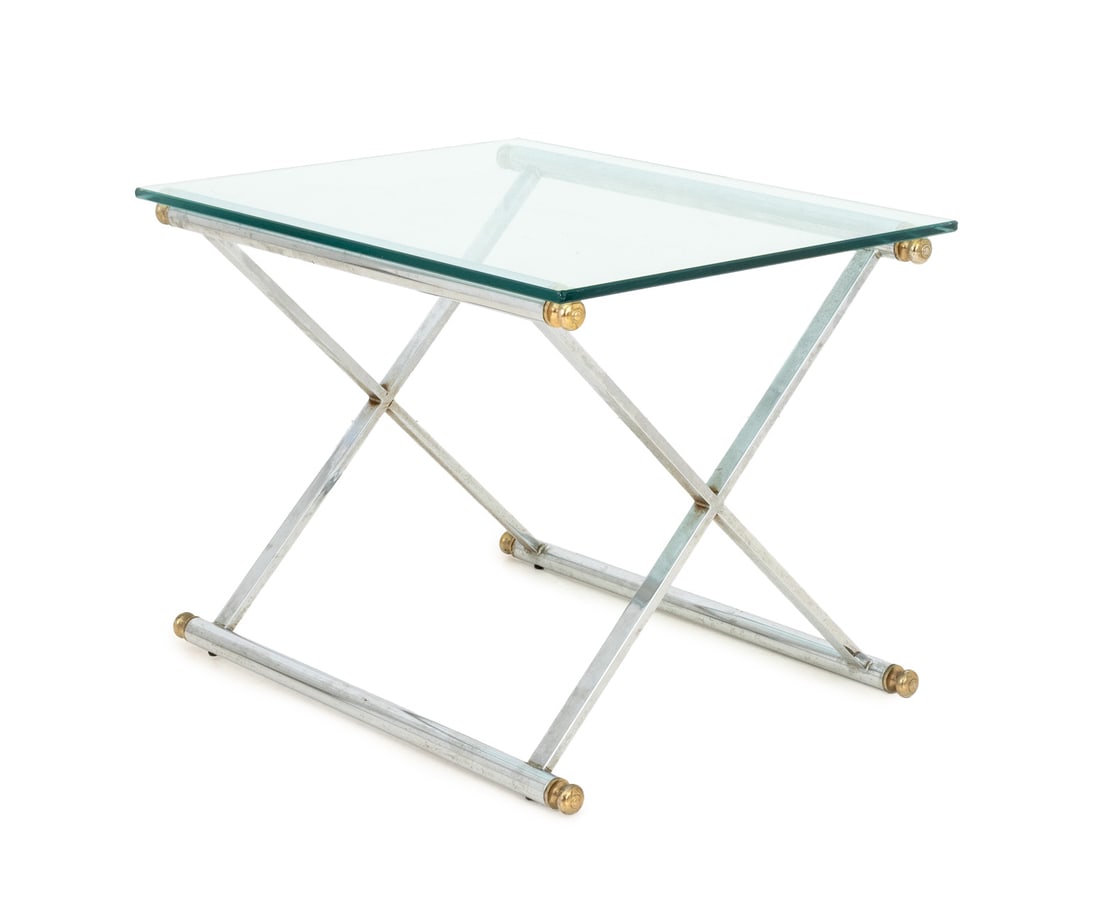 Milo Baughman Style Chrome and Glass Top Table: Milo Baughman Style Chrome and Glass Top Table, the chrome-plate base with X-form stretcher to top and bottom. 28.5" H x 28" W x 22" D. Provenance: From the Estate of American Fashion Journalist and E