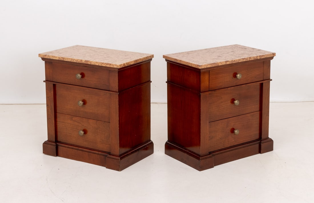 Red Marble Top Walnut Bedside Tables, Pair - 2