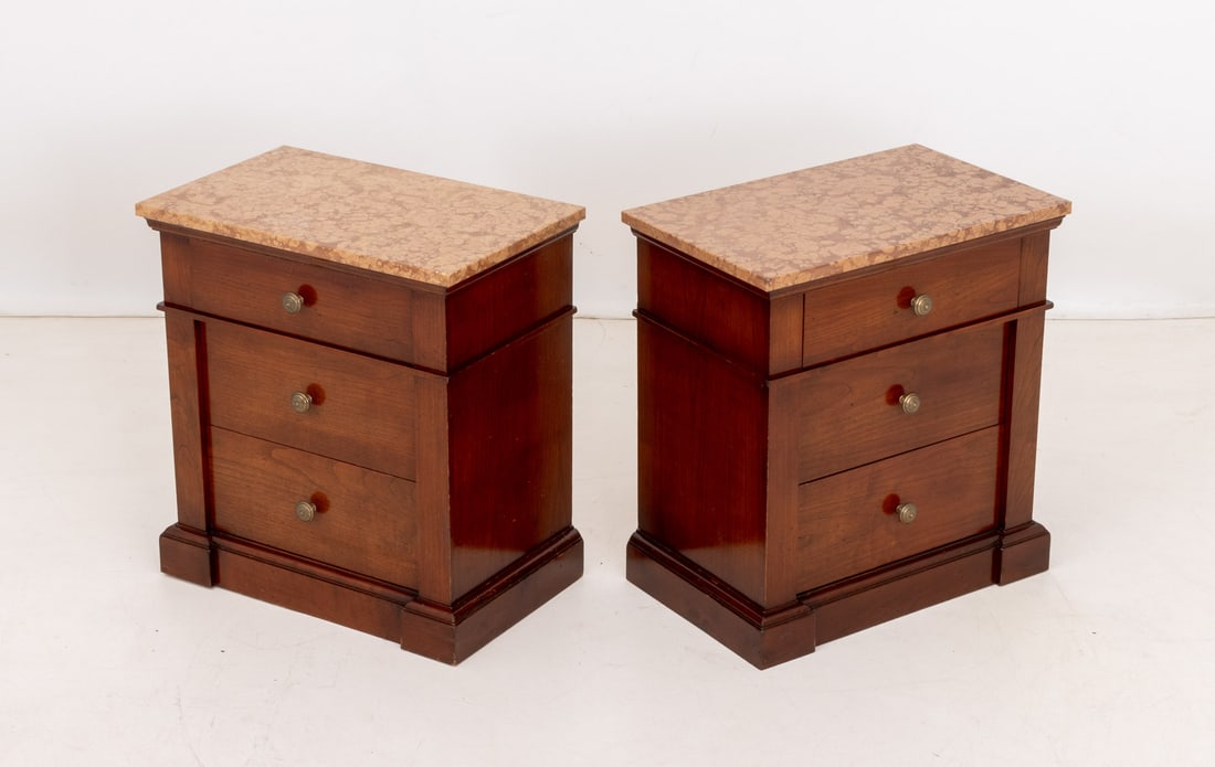 Red Marble Top Walnut Bedside Tables, Pair - 3