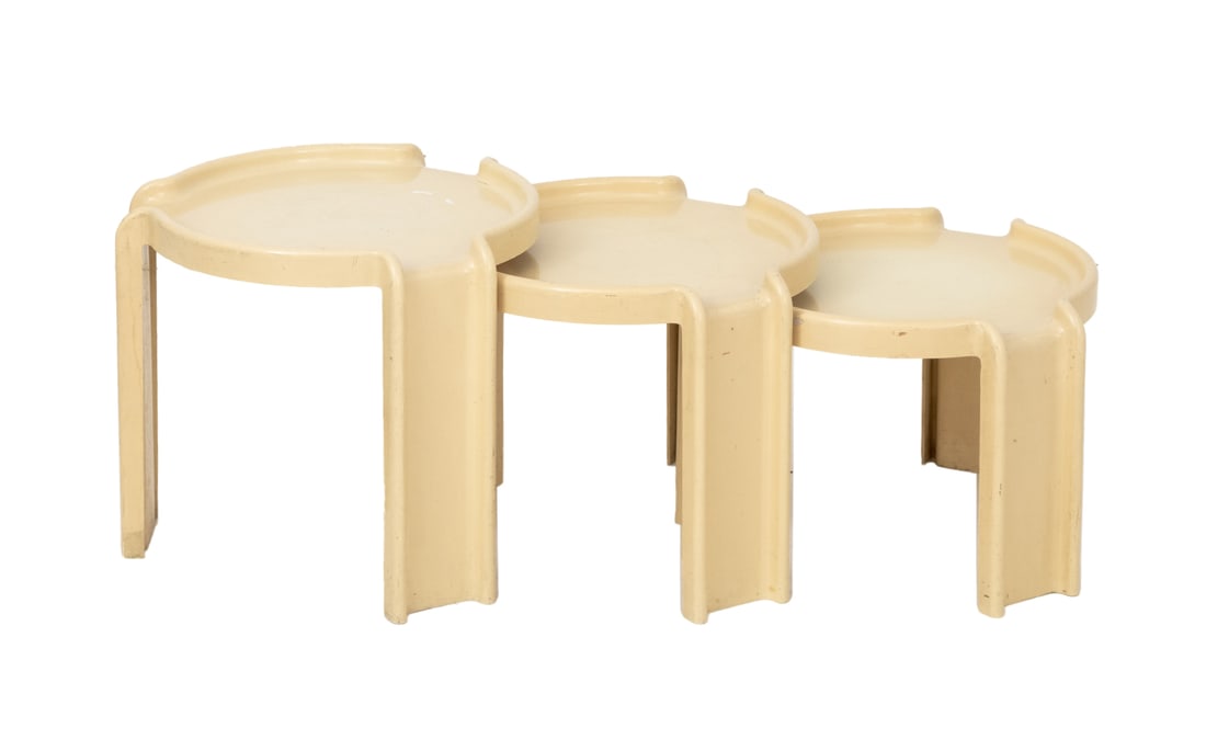 Giotto Stoppino for Kartell Stacking Tables, 3: Set of Three Giotto Stoppino for Kartell Stacking Tables, circa 1970, beige plastic, marked "Kartell / Milano / Designed by Giotto Stoppino" to the undersides. Largest: 16.25" H x 18" Diameter. Proven