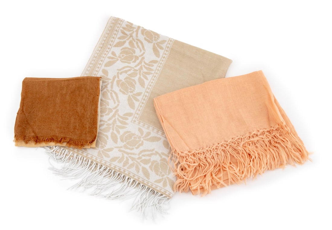 Designer Cashmere, Etc. Blend Scarves, 3: Collection of Three Designer Cashmere Blend Scarves, comprising: an Amicale white to brown gradient scarf, a Dennis Basso beige print acrylic scarf, and an orange Chado Ralph Rucci silk and cashmere