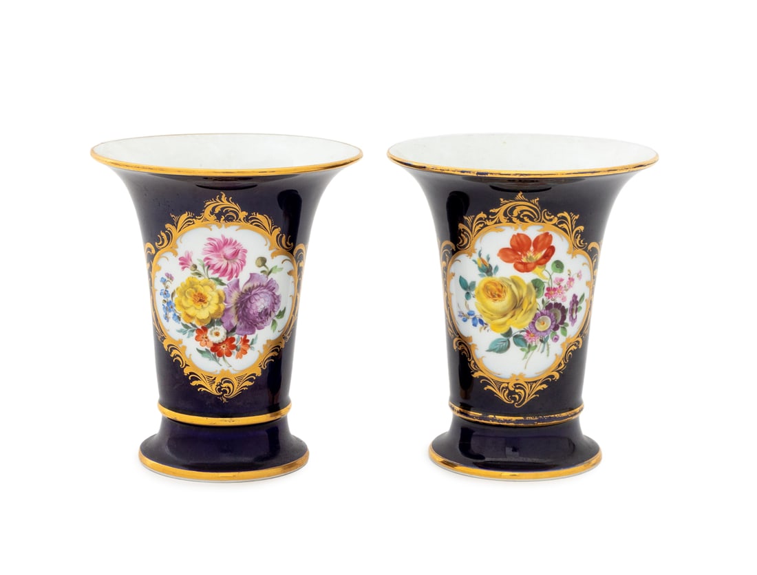 Meissen Gilt & Cobalt Blue Porcelain Vases, Pair (1 of 6)