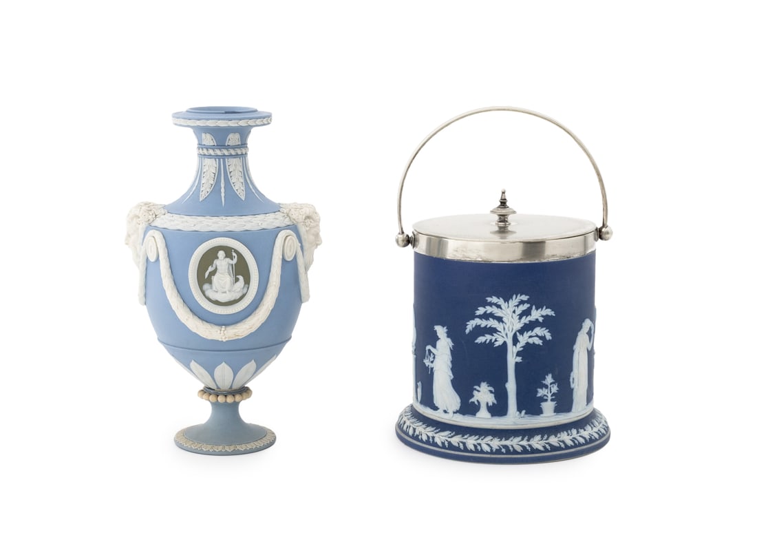 Wedgwood Blue Jasperware Vessels, 2: Group of Two Wedgwood Blue Jasperware Vessels, comprising: a biscuit box with silver plate cover and handle, marked "Wedgwood / England" to underside, and an urn form vase with green jasperware