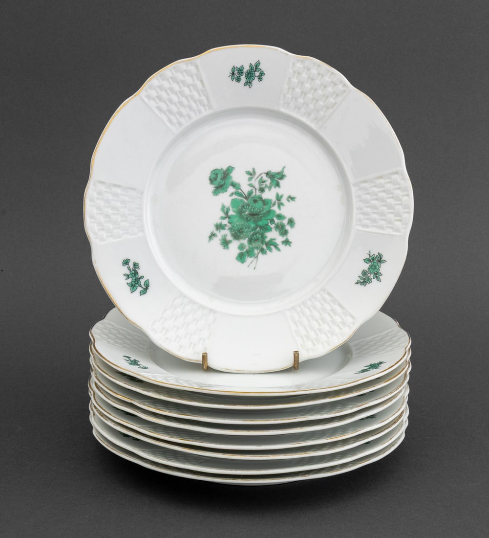 Motthedeh "Green Rose" Porcelain Salad Plates, 9: Set of Nine Mottahedeh "Green Rose" Pattern Salad Plates, each marked "VA / Est. 1824 / Vista Alegre / for / Motthedeh" to underside. 8.75" Diameter. Provenance: From the Estate of American Fashion Jo