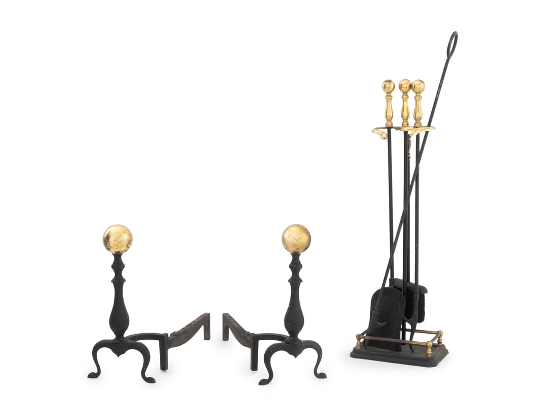 Brass and Iron Fireplace Accessories, 7: Group of Seven Brass and Iron Fireplace Accessories, comprising: pair of cannonball andirons, marked "Bennett" and five-piece fire tool set, including: brush, tongs, poker, shovel, and stand. Tool set