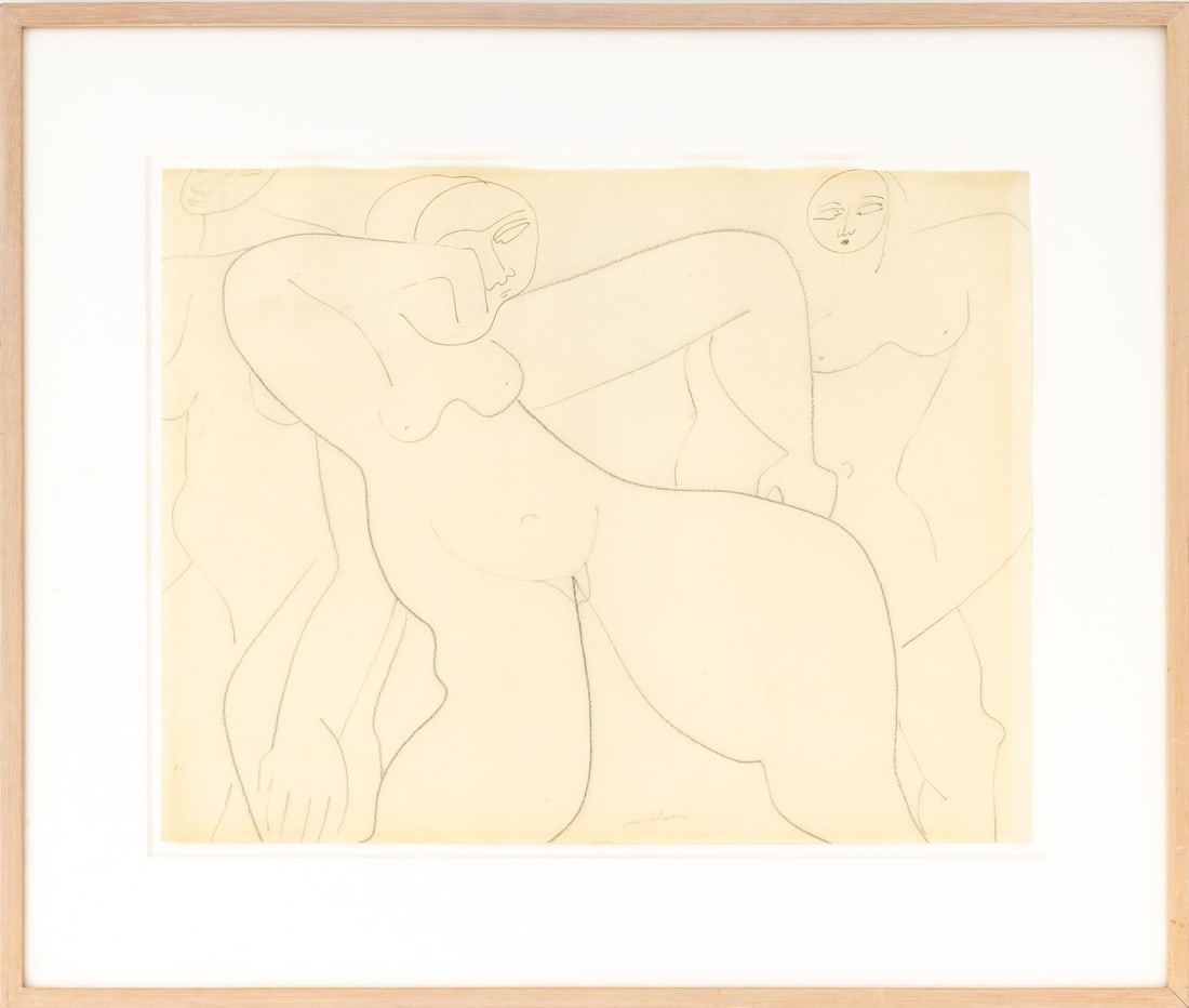 Louise Nevelson Female Nudes Pencil and Ink: Louise Nevelson (American, born Ukraine,1899-1988), Untitled (Female Nude Figures), Pencil and Ink on Paper, signed in pencil lower center border, cerused wood frame. Sheet: 15.5" H x 19.5" W; frame: