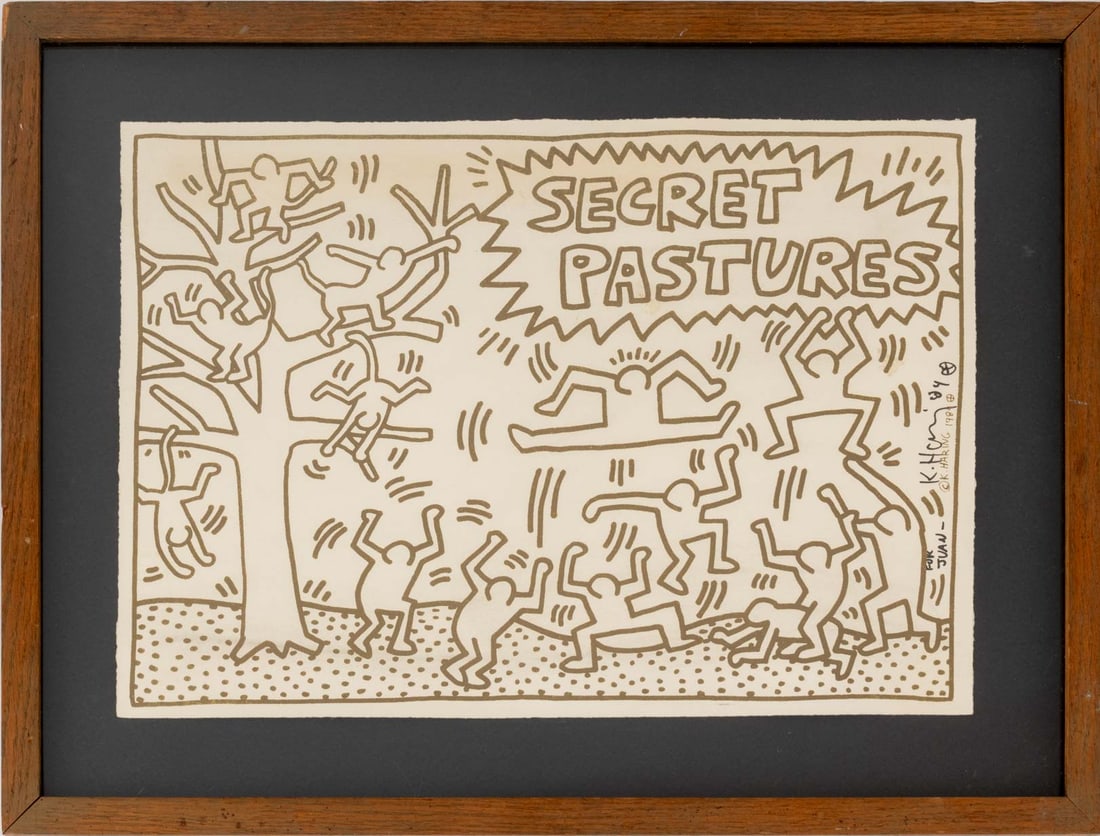 Keith Haring "Secret Pastures", 1984: Keith Haring (American, 1958-1990), "Secret Pastures", Print in Gilt on Paper, signed and dated in plate and signed in ink "K. Haring", dated, and inscribed "For Juan" lower right, wood frame marked i