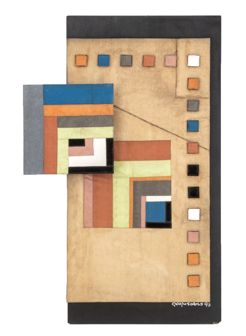 Giorgio Saporiti Geometric Suede Tapestry: Giorgio Saporiti (Italian, XX-XXI) Geometric Suede Patchwork Tapestry, 1997, with square relief element, signed and dated lower right, mounted on ebonized wood panel Image: 47" H x 33" W; overall: 55"