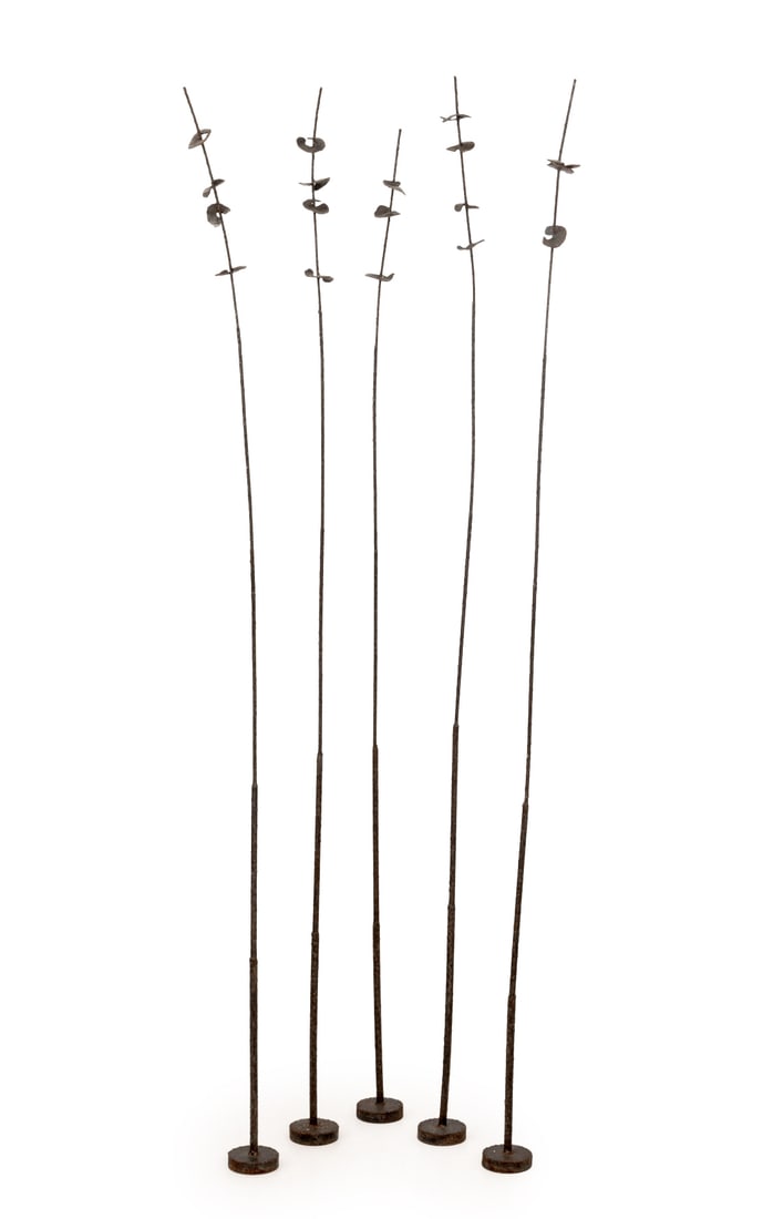 Abstract Biomorphic Bronze Sculptures, 5: Set of Five Contemporary School Abstract Biomorphic Bronze Sculptures, depicting tall stalks with lily pad forms to the tips on circular bases, unsigned. Each approx: 83.5" H x 4" Diameter. Provenance