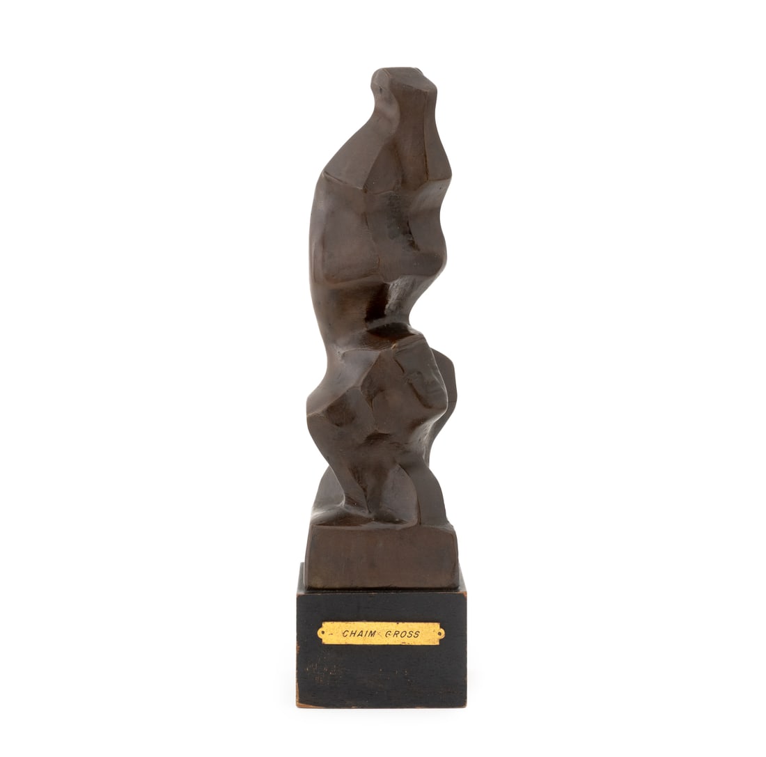 Chaim Gross Abstract Acrobat Bronze Sculpture: Chaim Gross (American, 1902-1991) Abstract Acrobat Patinated Bronze Sculpture, 1996, signed and dated to lower edge, mounted on ebonized wood base. 14.75" H x 4" W x 4" D. Provenance: From an Upper Ea