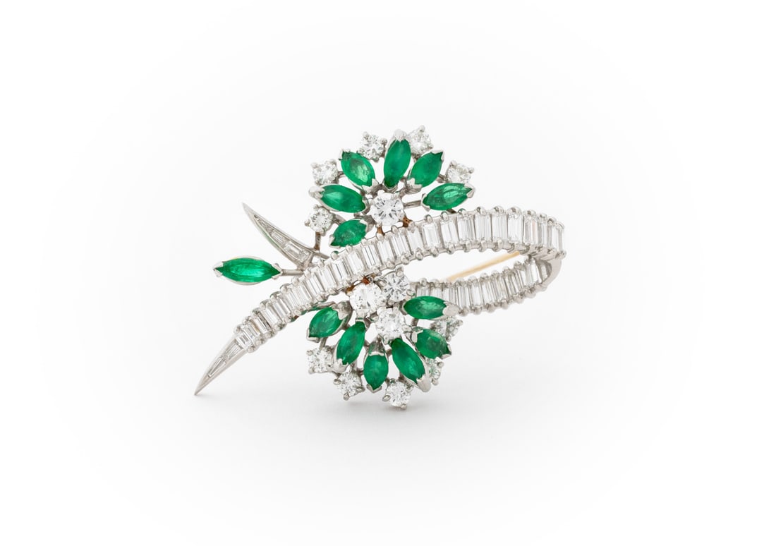 Platinum Emerald Diamond Brooch (1 of 7)