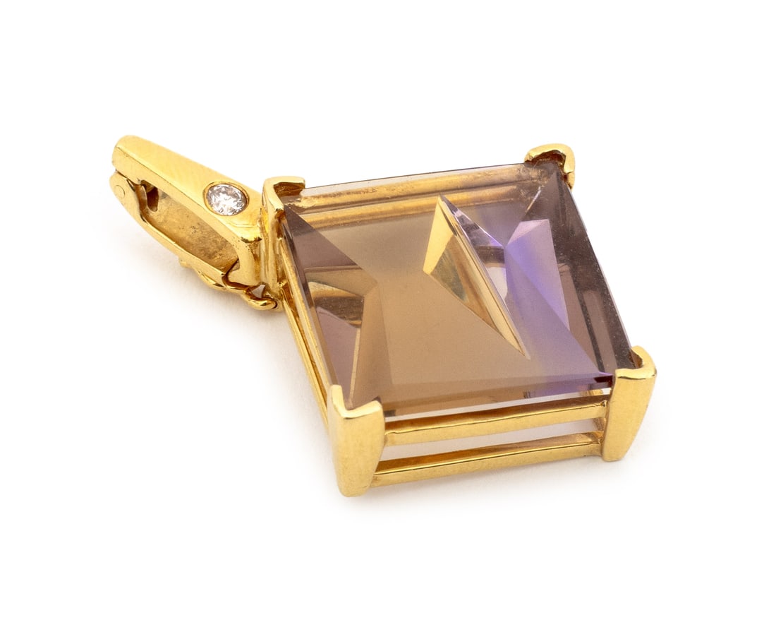 18K Yellow Gold Ametrine Diamond Enhancer Pendant: 18K Yellow Gold Ametrine Diamond Enhancer Pendant, featuring one prong set modified square cut ametrine weighing approx. 16.30 carats, further decorated with one flush set round brilliant cut diamond