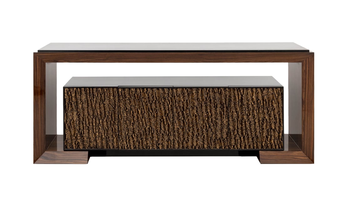 Contemporary Mahogany Waterfall Credenza: Contemporary Mahogany Waterfall Credenza, with inset black resin top above removable two-door black lacquered cabinet with faux live edge doors opening to two shelves. 32" H x 78" W x 24" D.