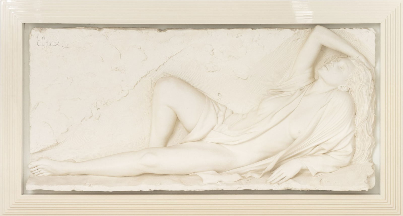 Bill Mack Reclining Nude Bonded Sand Sculpture: Bill Mack (American, b. 1944) Reclining Nude Woman Bonded Sand Sculpture, 1990, signed and numbered edition "42 / 125" upper left, and signed and dated to the top edge, white stepped frame. Image: