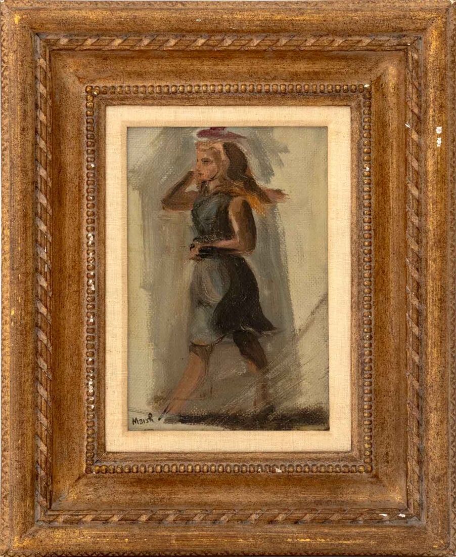 Reginald Marsh Woman Walking Oil on Board: Reginald Marsh (American, 1898-1954), Woman Walking, Oil on Board, signed lower left, giltwood frame. Image: 10" H x 6.5" W; frame: 18.25" H x 15" W x 2.25" D. Provenance: From an Upper East Side