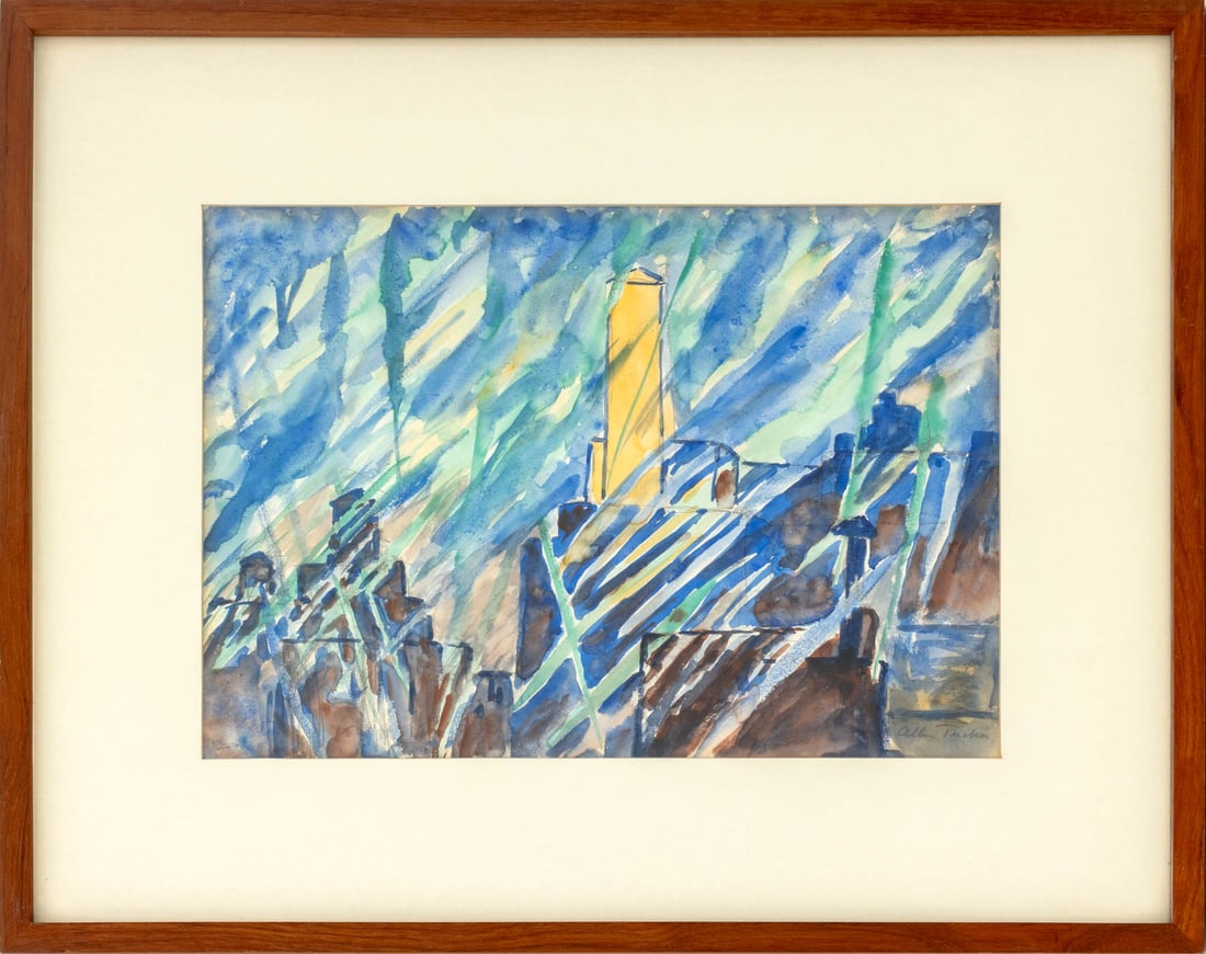 Allen Tucker City Scene Watercolor on Paper: Allen Tucker (American, 1866-1939), City Scene, Watercolor on Paper, signed in pencil lower right, wood frame. 13.25" H x 19.5" W; frame: 23.25" H x 29.25" W x 1" D. Provenance: From an Upper East