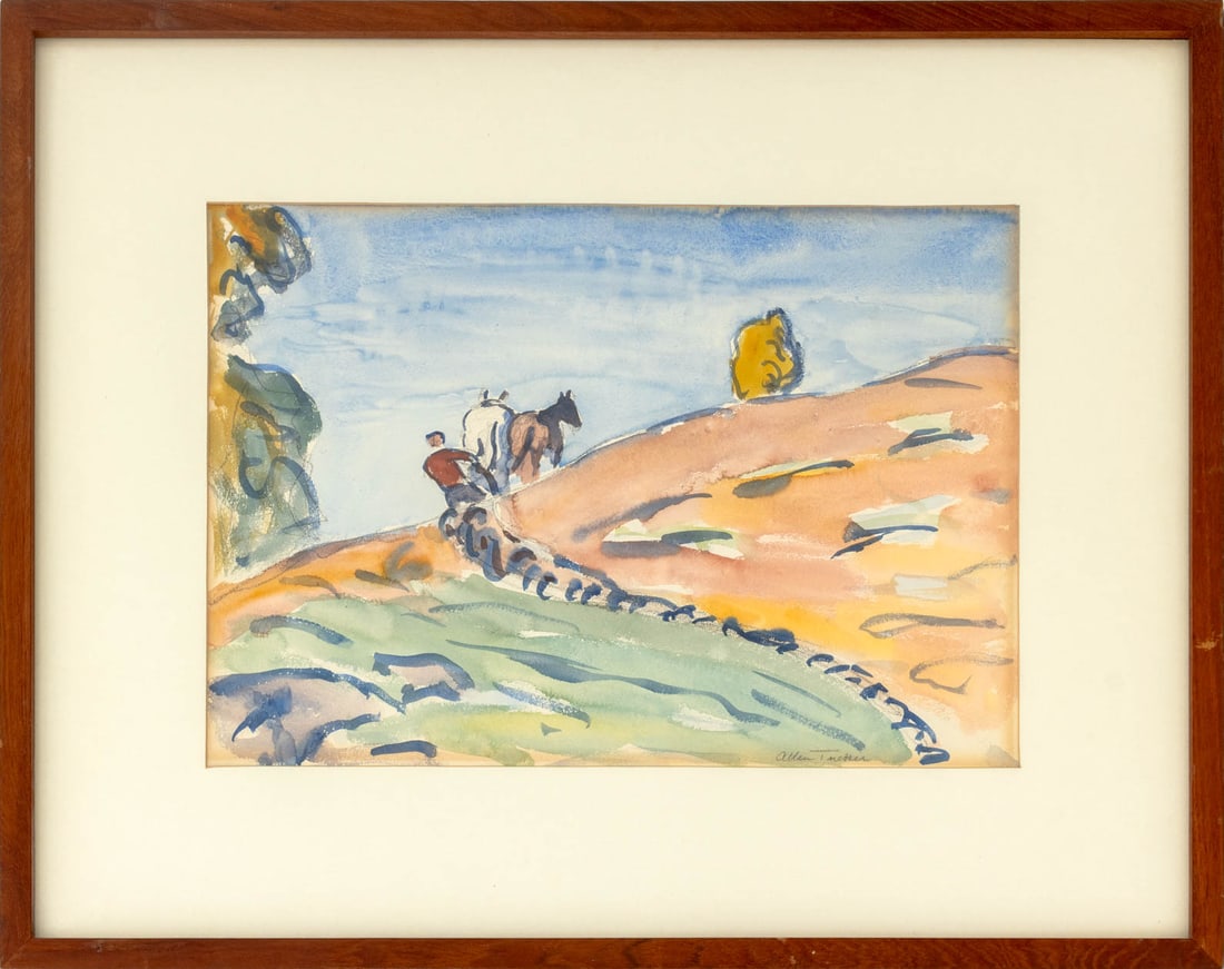 Allen Tucker Trail Riding Watercolor on Paper: Allen Tucker (American, 1866-1939), Trail Riding, Watercolor on Paper, signed in pencil lower right, wood frame. Image: 13.5" H x 19.5" W; frame: 23.25" H x 29.5" W x 1" D. Provenance: From an Upper