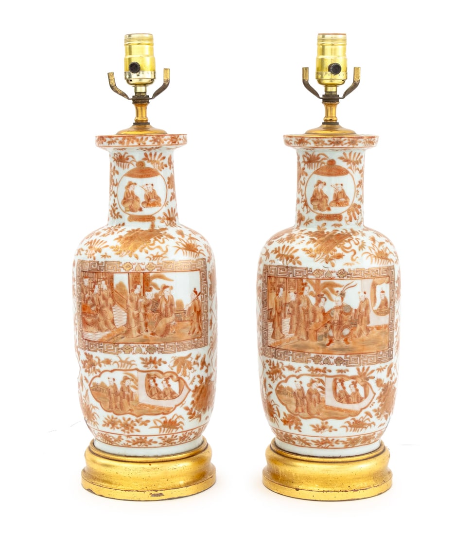 Chinese Porcelain Rouleau Vases as Lamps, Pair (1 of 9)