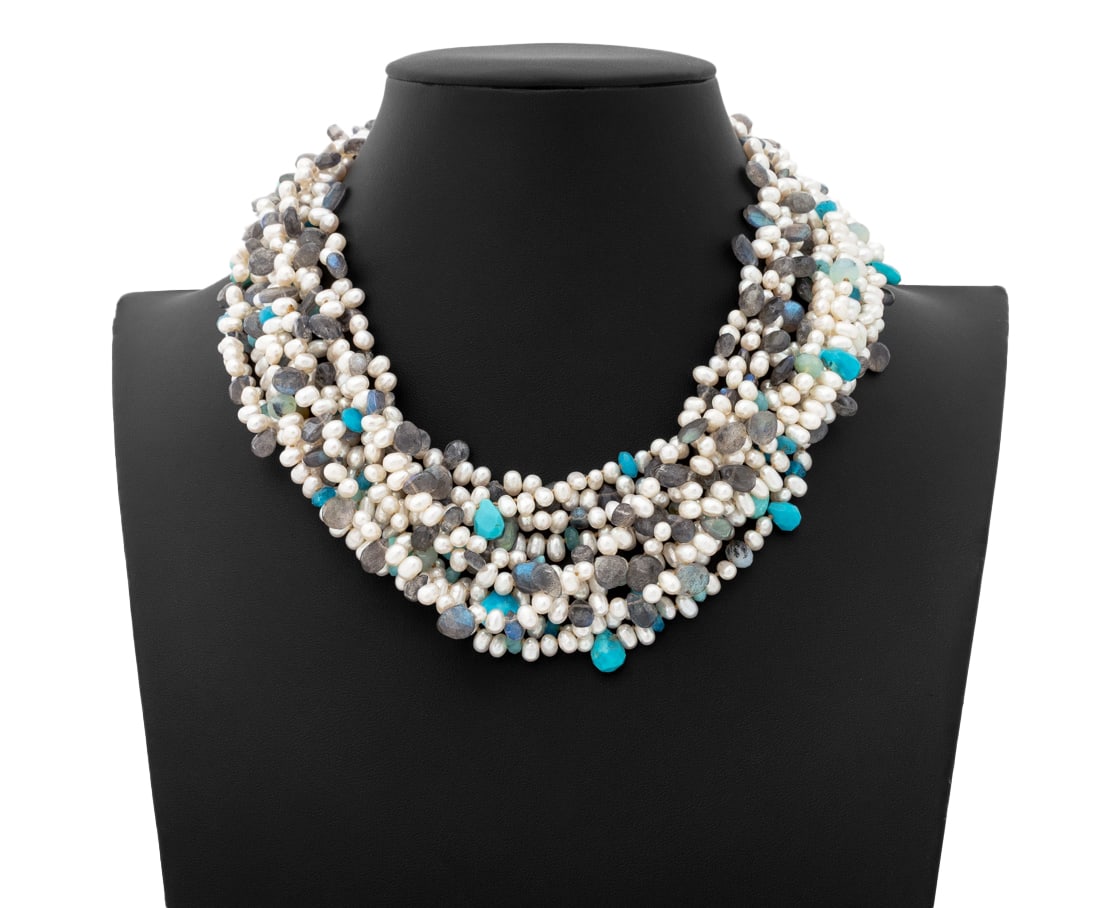 Simon Alcantara 18K Gold Gemstone Necklace: Simon Alcantara 18K Yellow Gold Multi-Colored Gemstone Bead Necklace, designed as ten strands featuring fully drilled agate, aquamarine, chalcedony, moonstone, quartz, tourmaline beads, and drop pearl