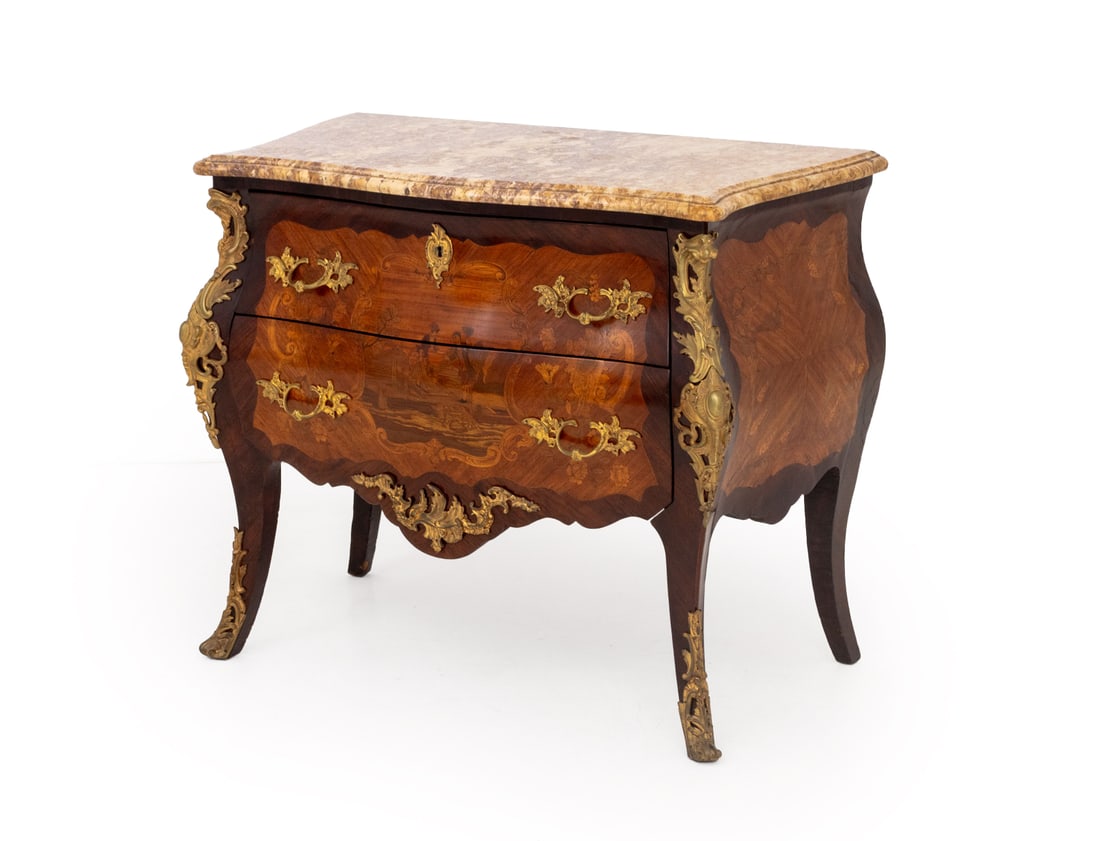 Louis XV Style Kingwood Marquetry Bombe Commode: Louis XV Style Gilt Metal Mounted Kingwood Marquetry Bombe Commode, with breccia de vendome marble top above two drawers with inlaid figural landscape. 35.5" H x 42.5" W x 23" D. Provenance: From an