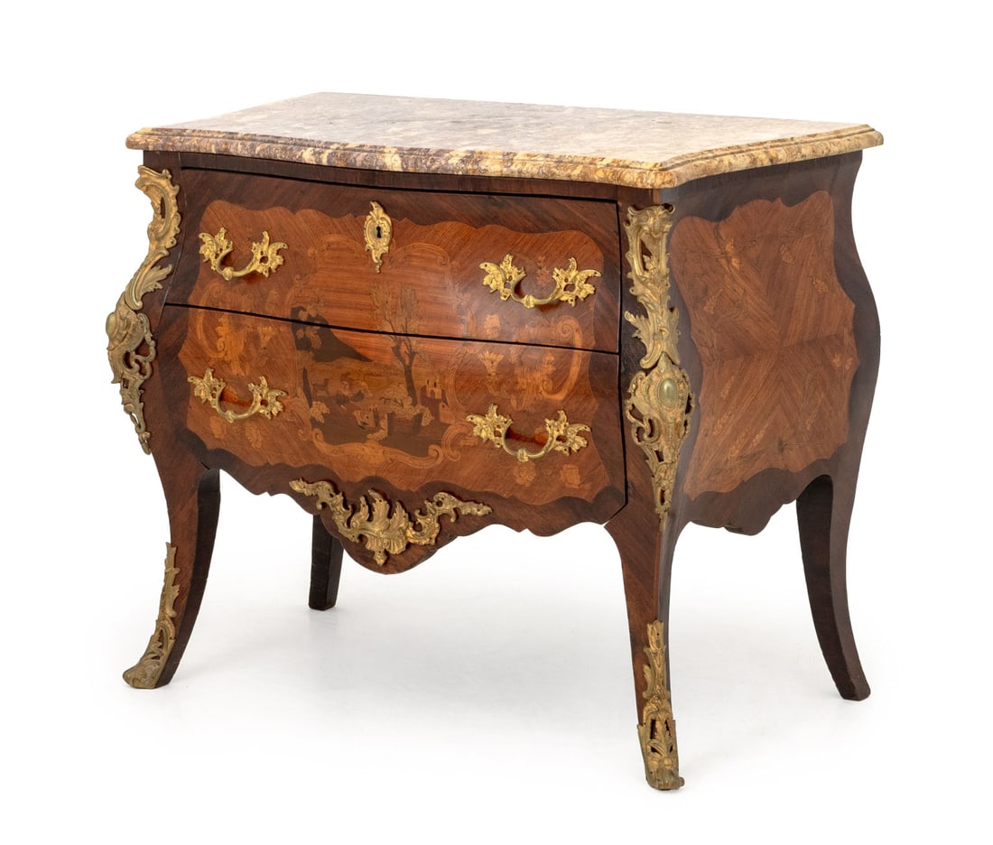 Louis XV Style Kingwood Marquetry Bombe Commode: Louis XV Style Gilt Metal Mounted Kingwood Marquetry Bombe Commode, with breccia de vendome marble top above two drawers with inlaid figural landscape. 35" H x 42.5" W x 23" D. Provenance: From an