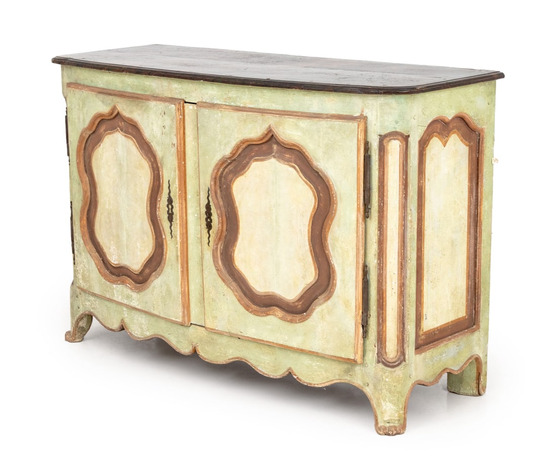 French Provincial Green Painted Cabinet, 18th C.: French Provincial Green Painted Cabinet, 18th century, the faux painted marble top above two-doors with tan trim opening to two shelves on four cabriole feet, with key. 36" H x 55" W x 20.75" D. Prove