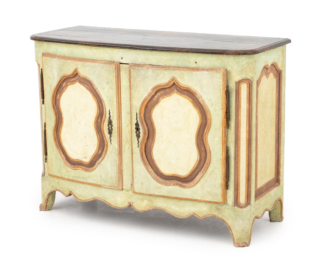 French Provincial Green Painted Cabinet, 18th C.: French Provincial Green Painted Cabinet, 18th century, the faux painted marble top above two-doors with tan trim opening to two shelves, on four cabriole feet. 36" H x 49" W x 20.75" D. Provenance: A